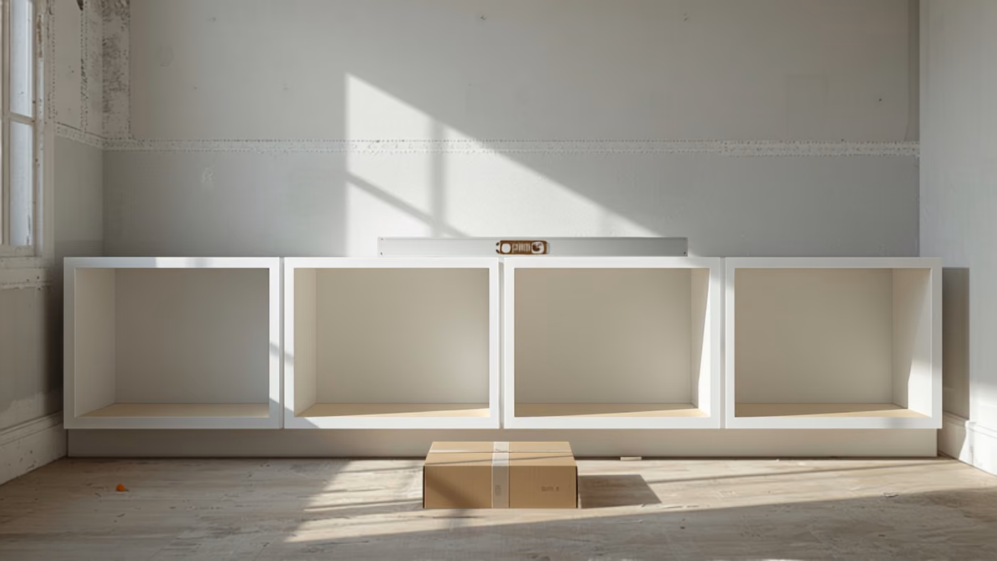 A row of new white cabinet boxes without doors set against a wall with taped drywall seams, a level resting on top and a cardboard box on the floor