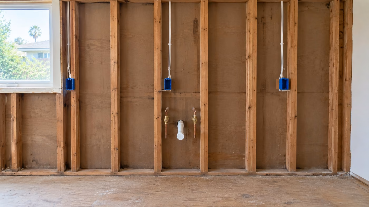 An open kitchen wall showing wood studs, three blue electrical boxes with white cable, two copper water lines with brass valves and a white drain pipe